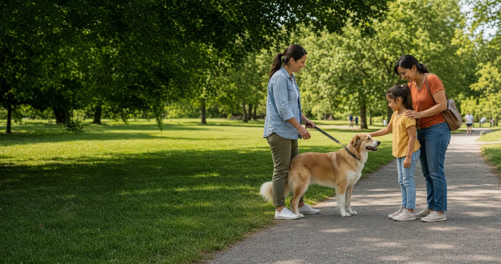 A leashed dog and owner meet a parent and child in a public park.