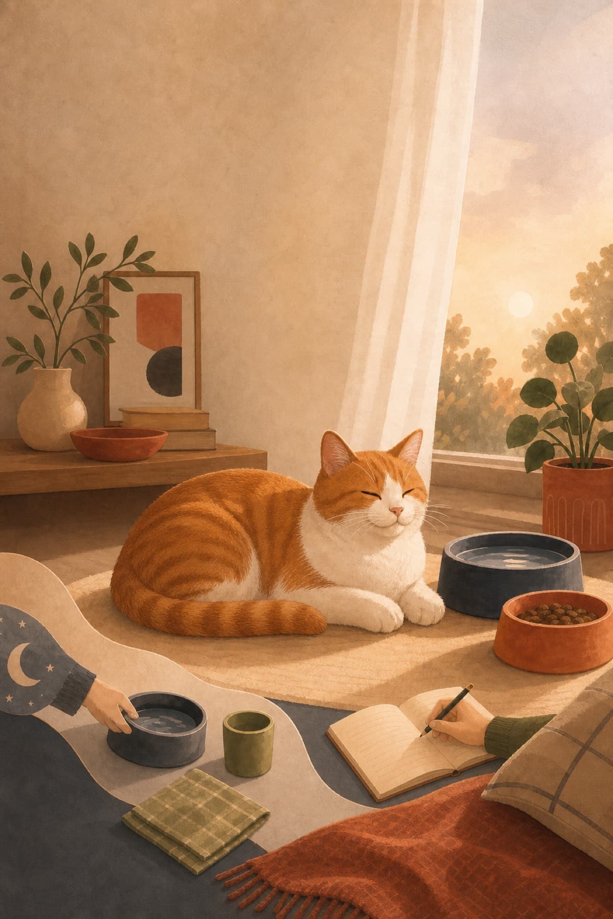 Orange-and-white cat resting by care bowls while two caregivers add to the same notebook.