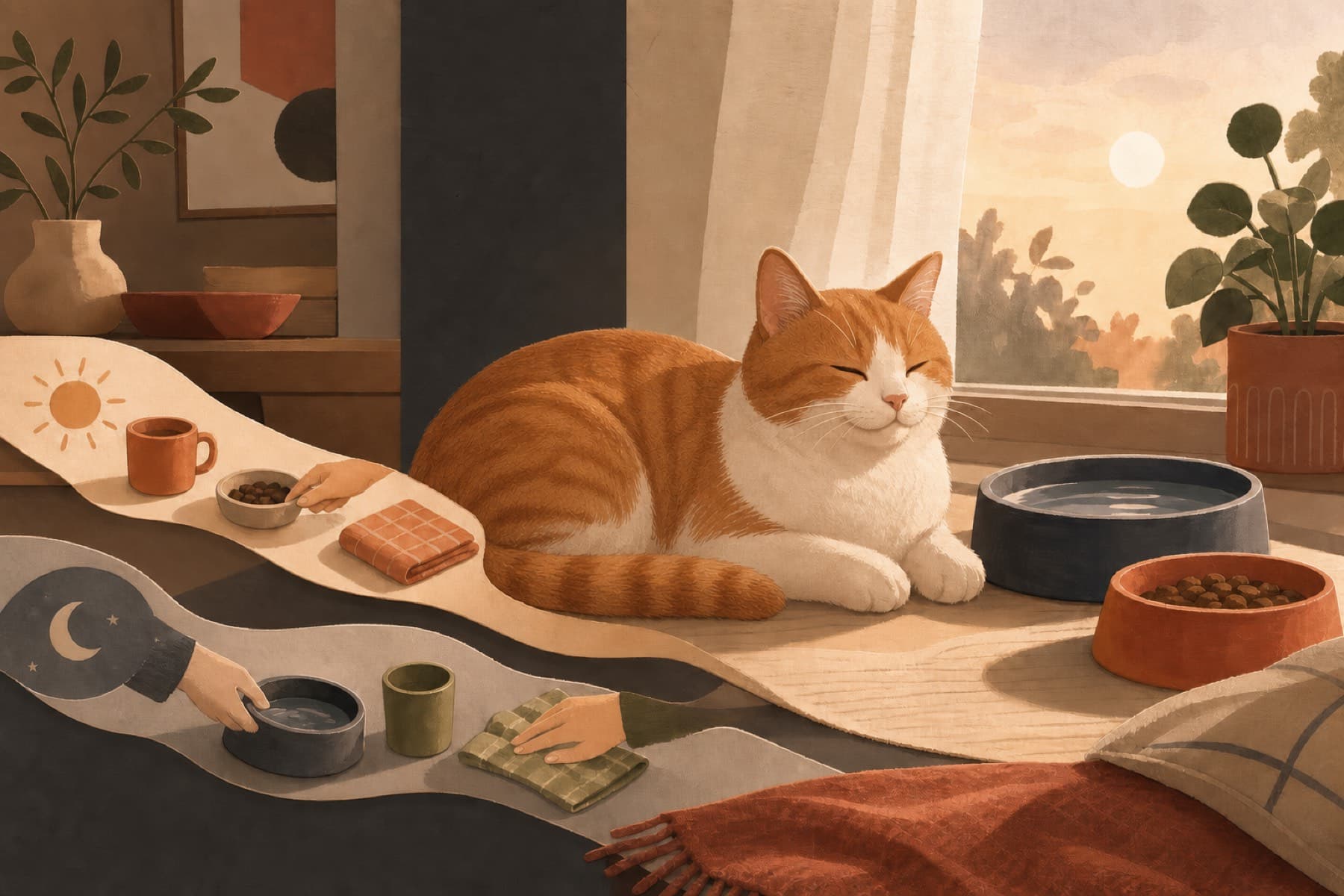 An orange-and-white cat beside care bowls while separate caregiver paths cross through the same home.