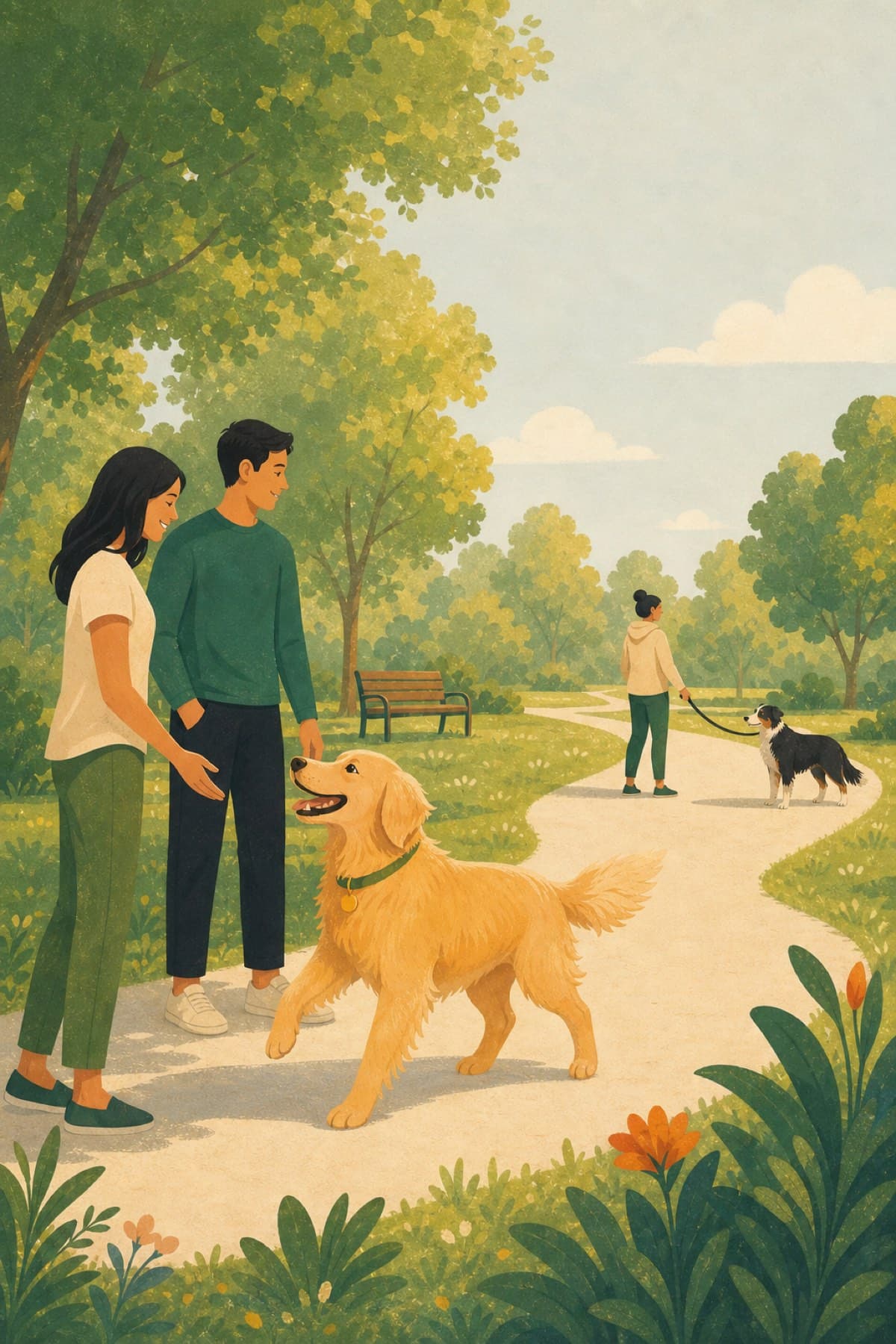 Golden retriever and caregivers noticing another leashed dog across a sunny park.