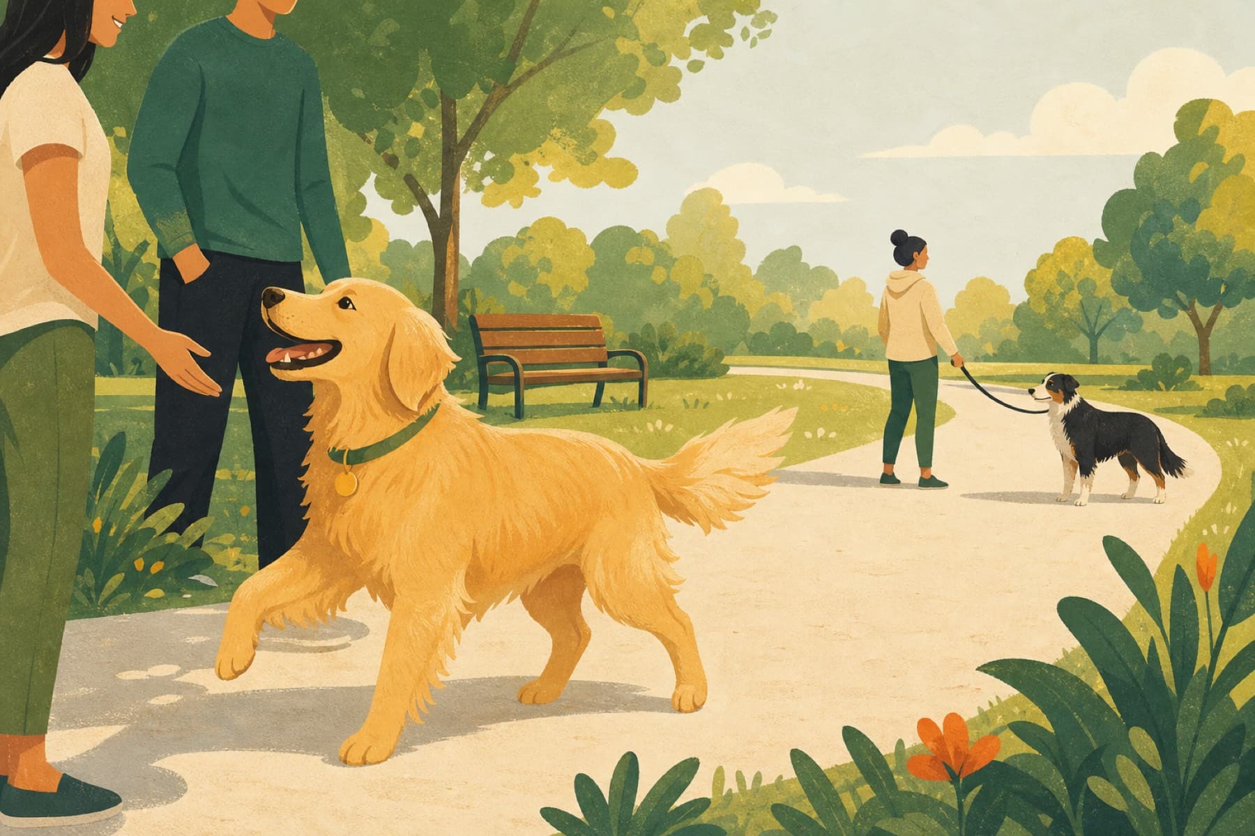 A golden retriever enjoying a sunny park while another leashed dog waits at a respectful distance.