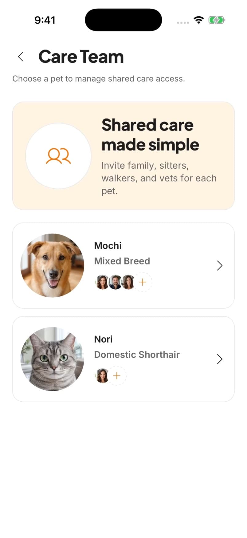 Pawcci care team screen showing people who share care for a pet.