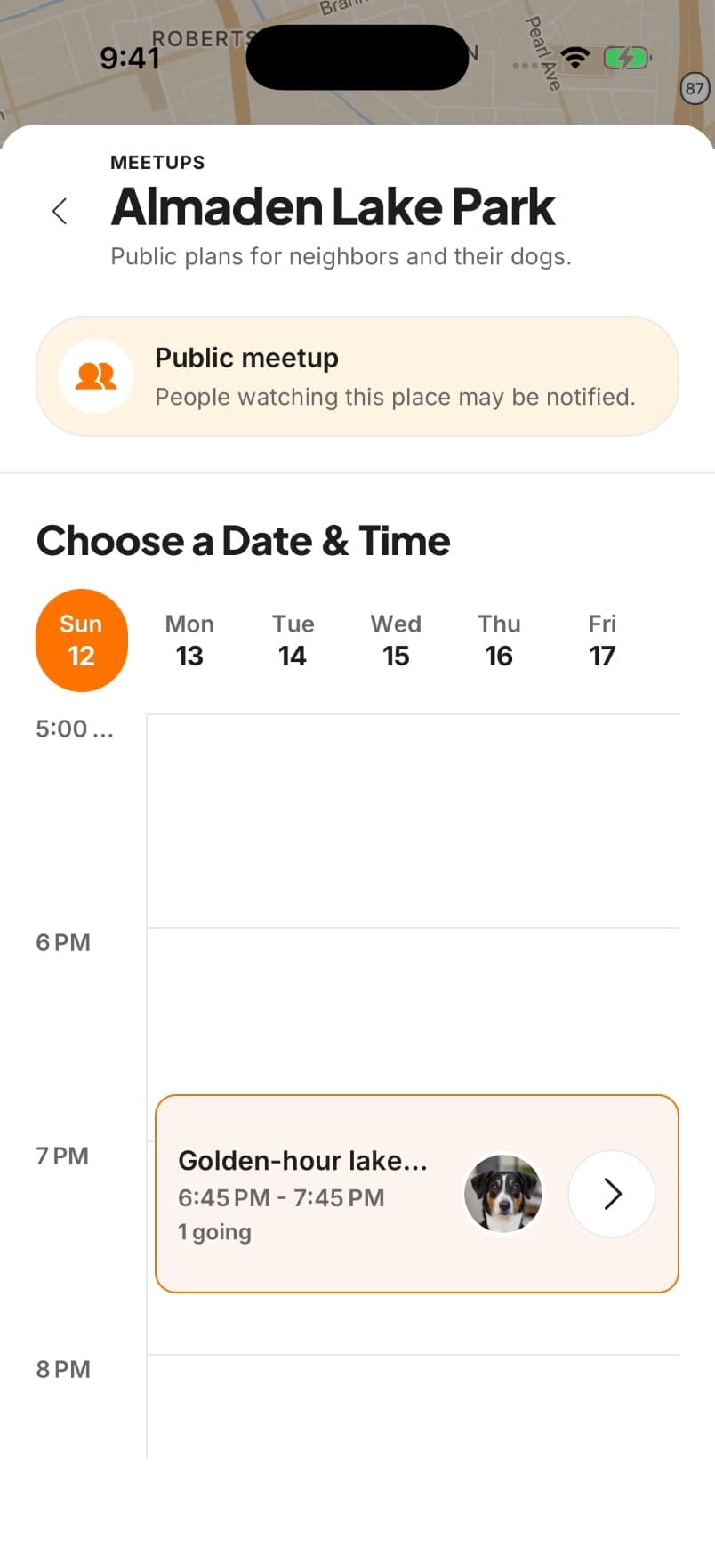 Pawcci public meetup planning screen with a place, time, and selected dog.