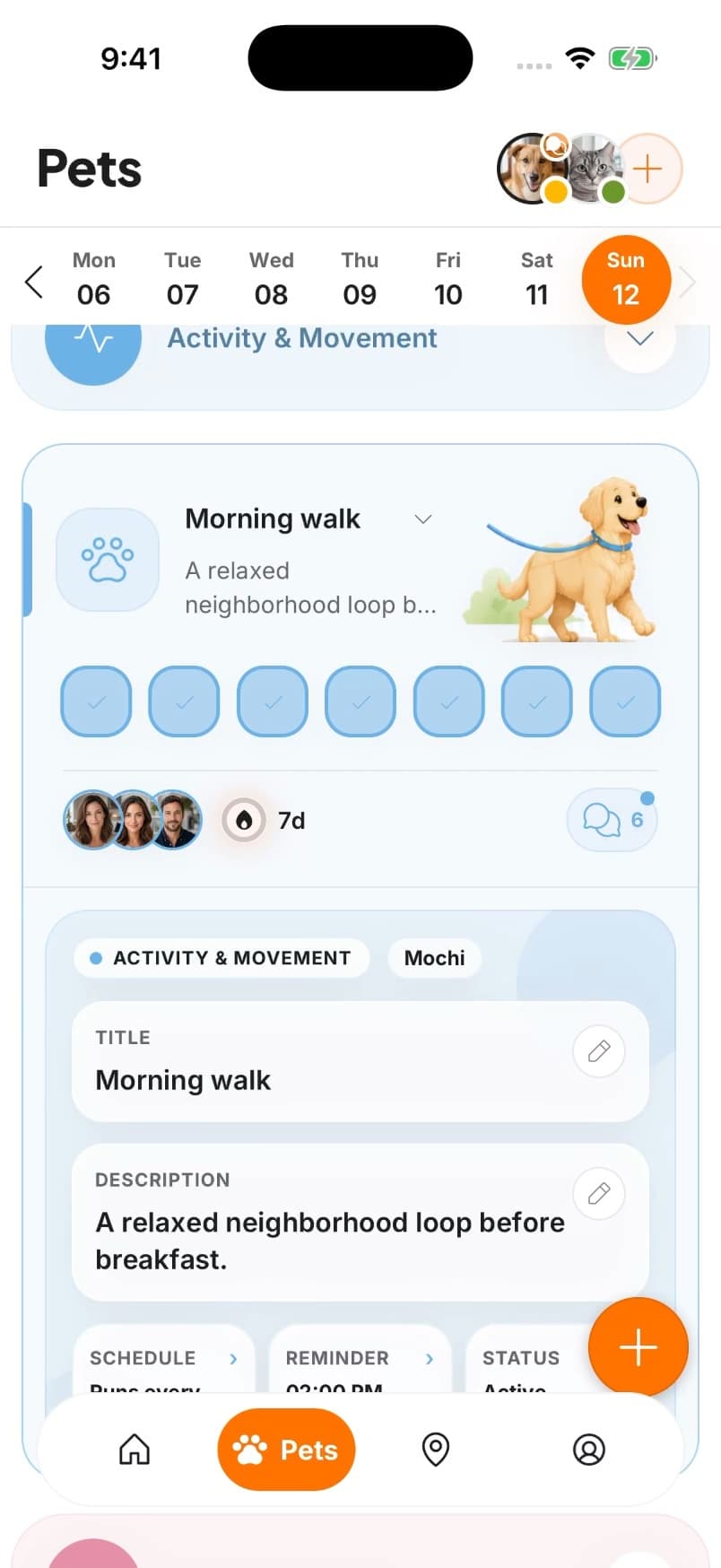 Pawcci task details screen with care instructions and activity history.